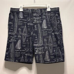 Tommy Hilfiger Sail Boat Shorts Blue Print Sketch Nautical Cruise Mens Size 36